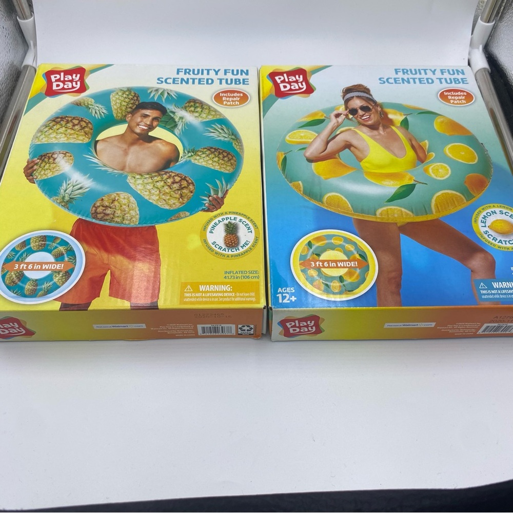 Play Day Set of 2 Fruity Sented Pool Inflatable Tubes Lemon and Pineapple